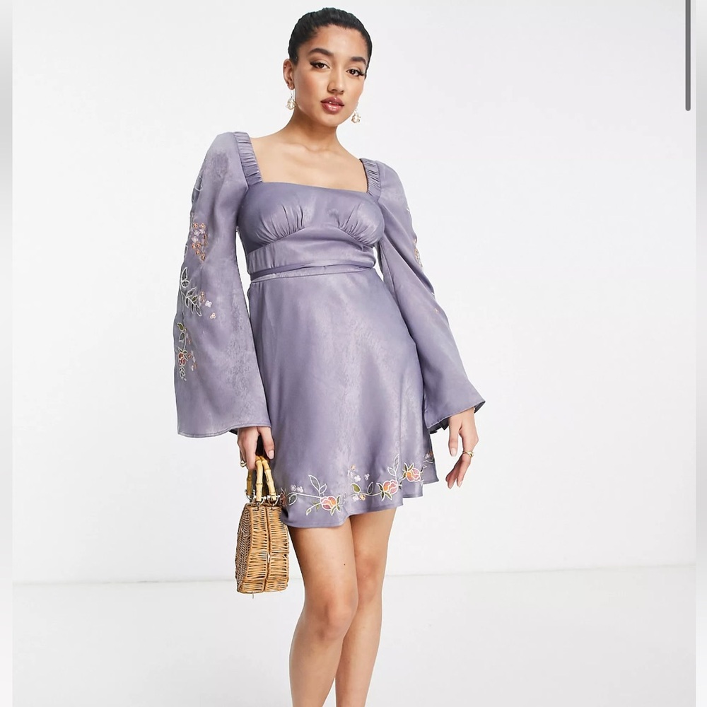 Satin bias cut mini dress with pop floral embroidery - NWT
